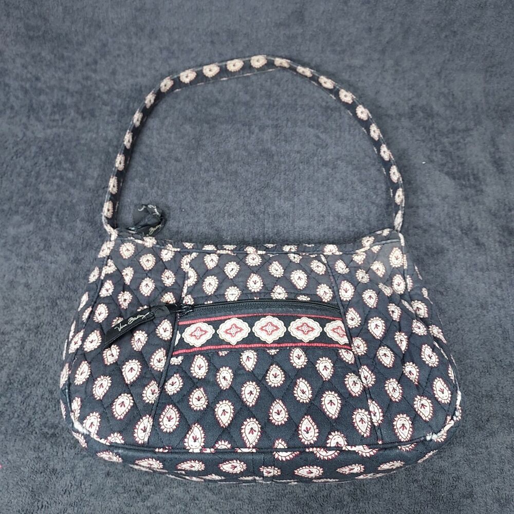 Vera Bradley Shoulder Bag Black Cream Paisley Zip Pocket Quilted Cotton